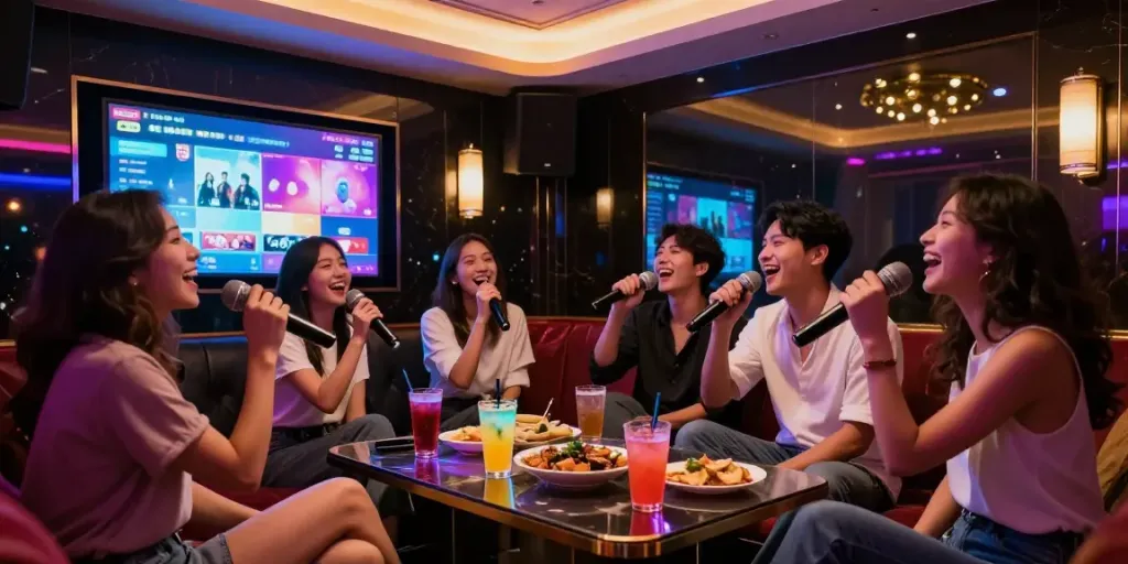 강남 달토 노래방에서 친구들이 즐거워하는 모습과 세련된 인테리어