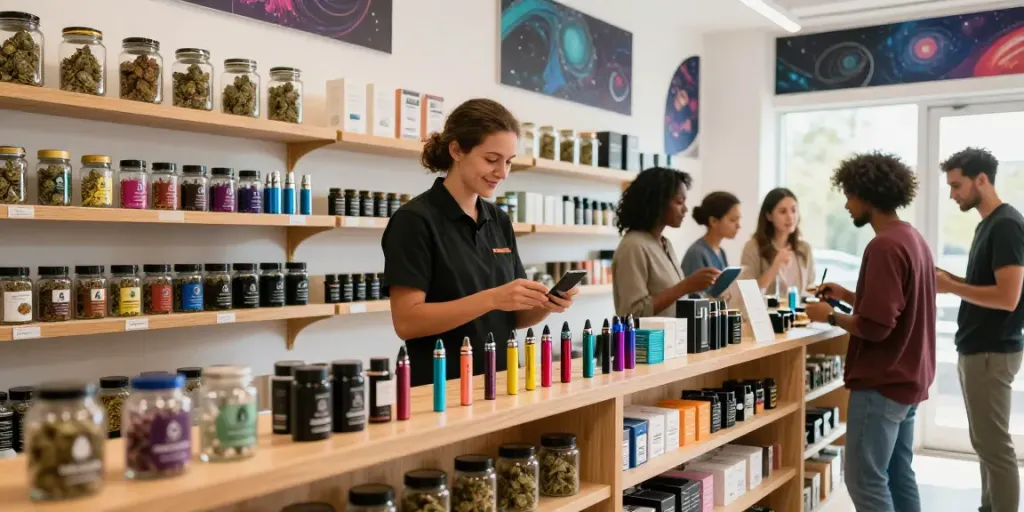 Explore premium Alienlabs cannabis products in a vibrant dispensary setting.