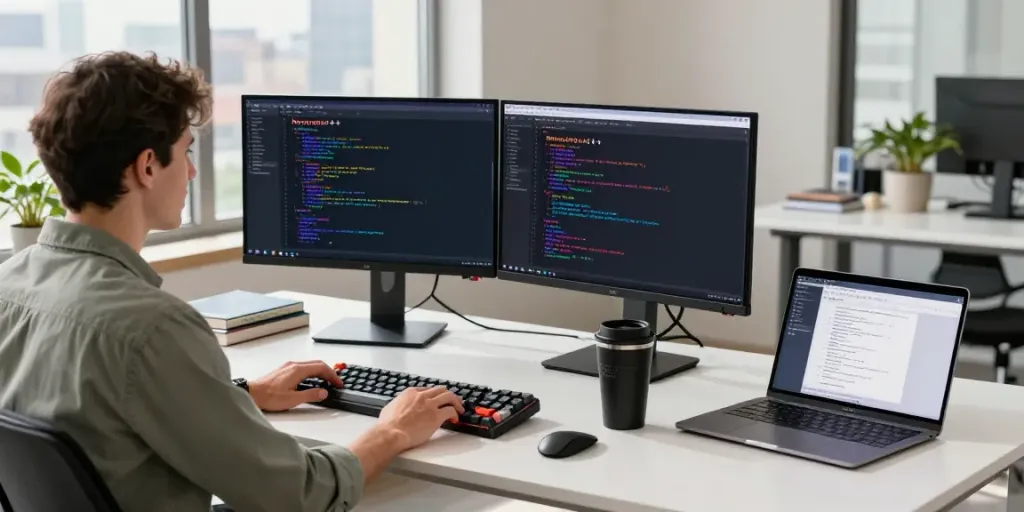Workspace highlighting Notepad++ usage with dual monitors and stylish desk setup, optimizing coding sessions at https://notepad-app.co/.