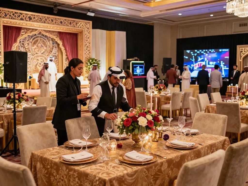 Event rental ksa scene featuring a luxurious setup for a wedding with elegant decor and AV equipment.