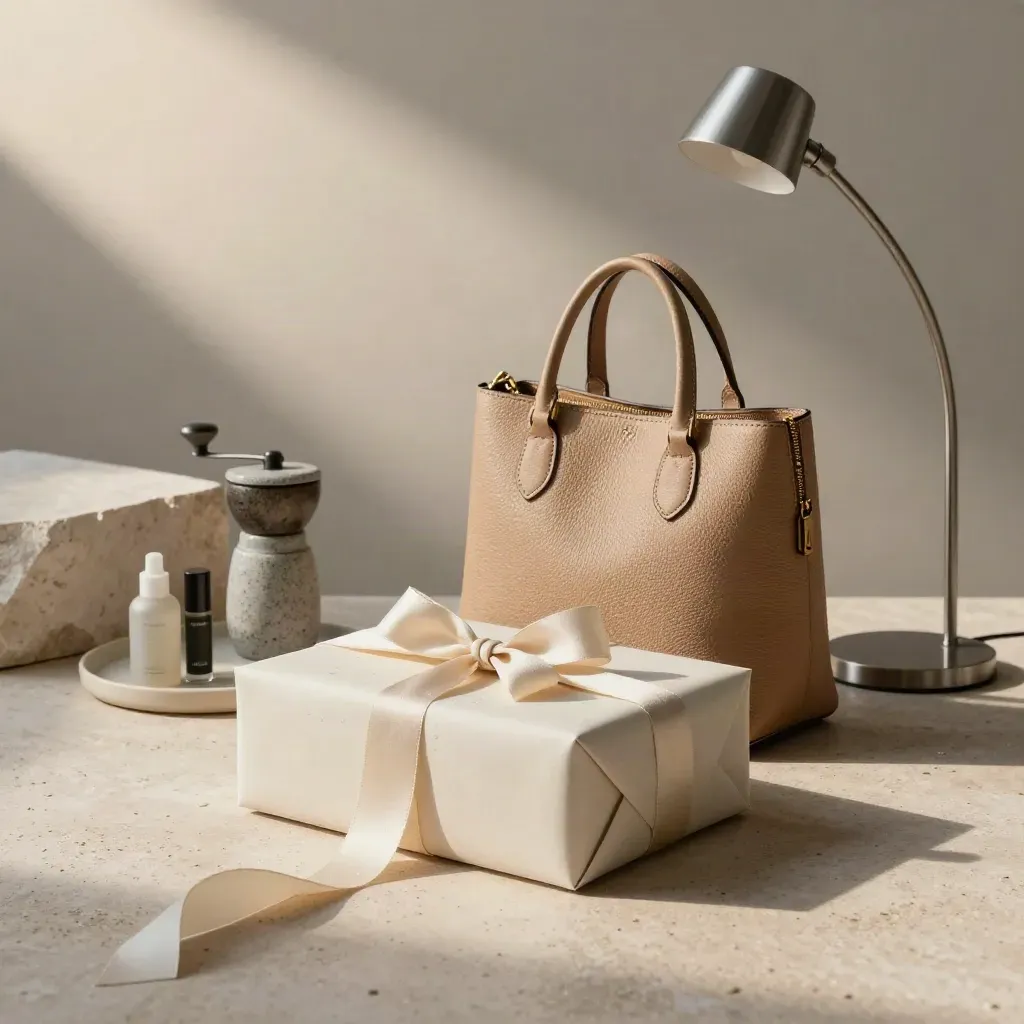 Curated gift box, travel tote, coffee grinder, skincare set and lamp on wet limestone.