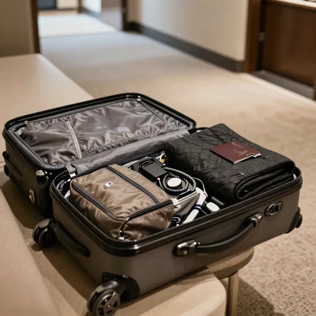 Open work-trip carry-on beside a hotel bench in a quiet corridor, ready for departure