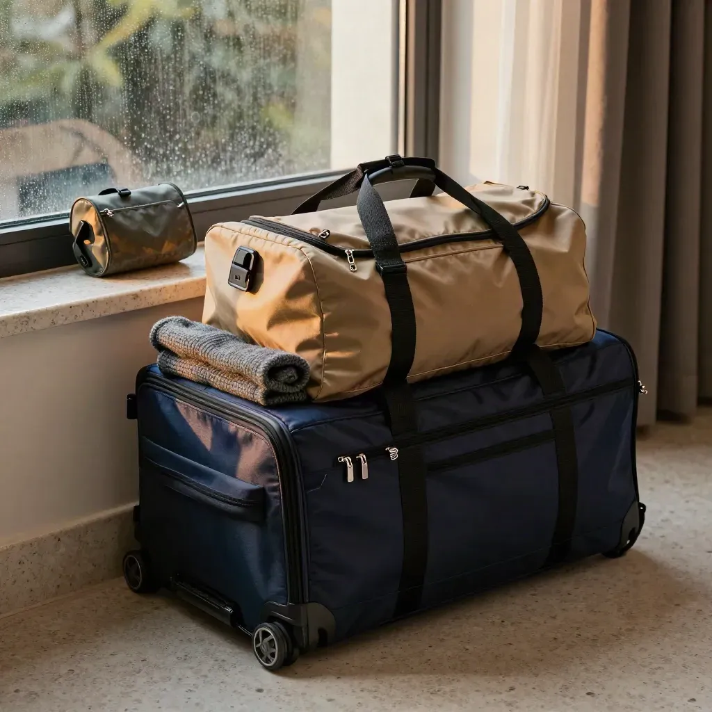 Carry-on bag, duffel, sweater, and charging pouch by a rain-streaked hotel window, lit by cool afternoon light.