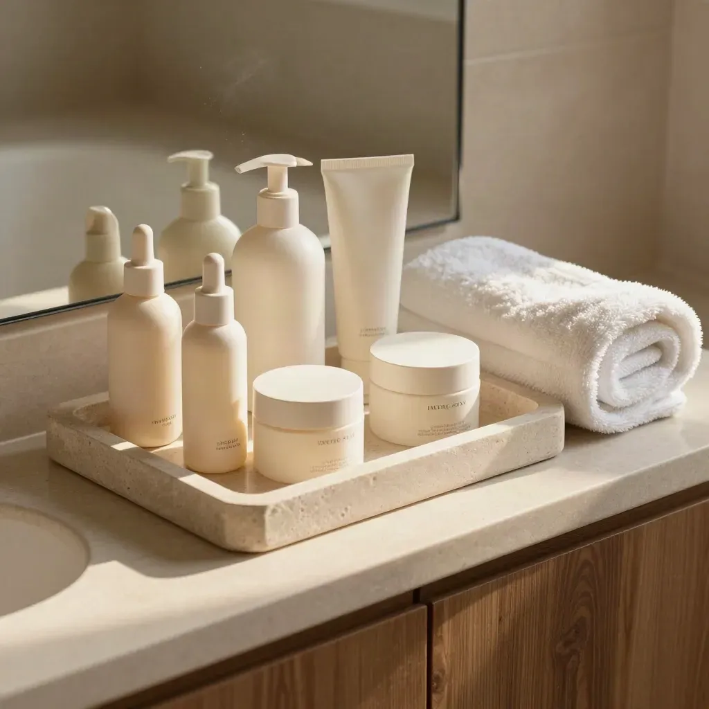 Skincare gift sets on a stone bathroom vanity with towel, tray, and soft steam