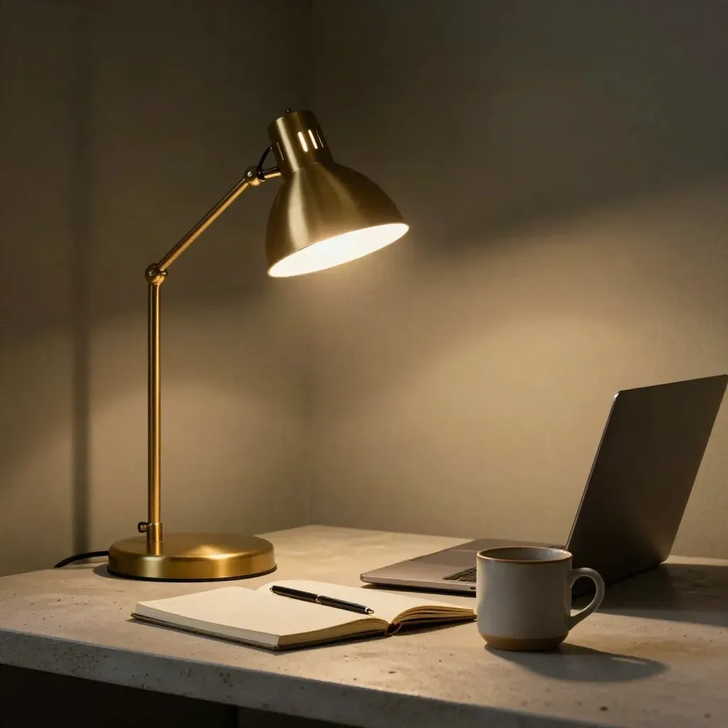 Warm desk lamp, notebook, laptop, and mug on concrete in a moody corner at night