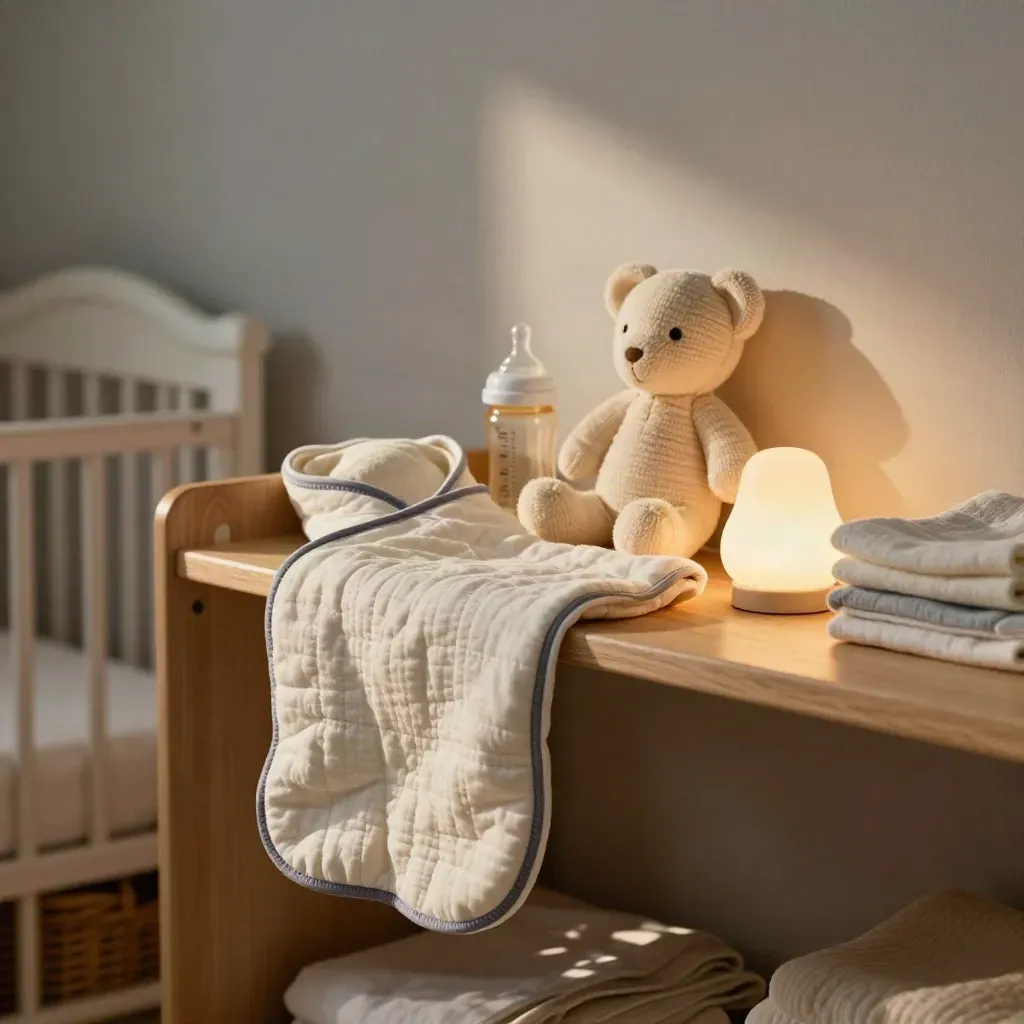 Nursery shelf with swaddle, soft toy, bottle, night light and folded cloth in warm evening light