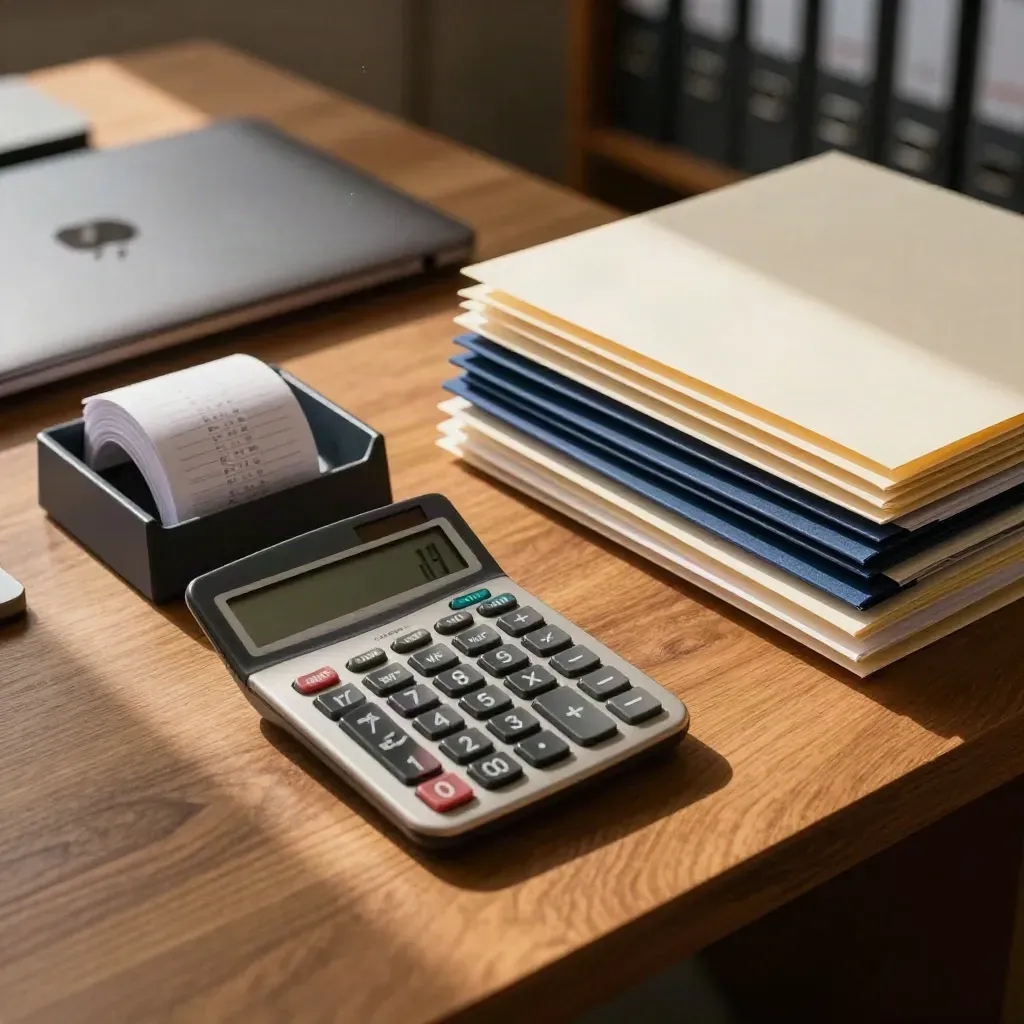 Graphite calculator, receipt tray, closed laptop and folders on an oak counter in warm afternoon light.