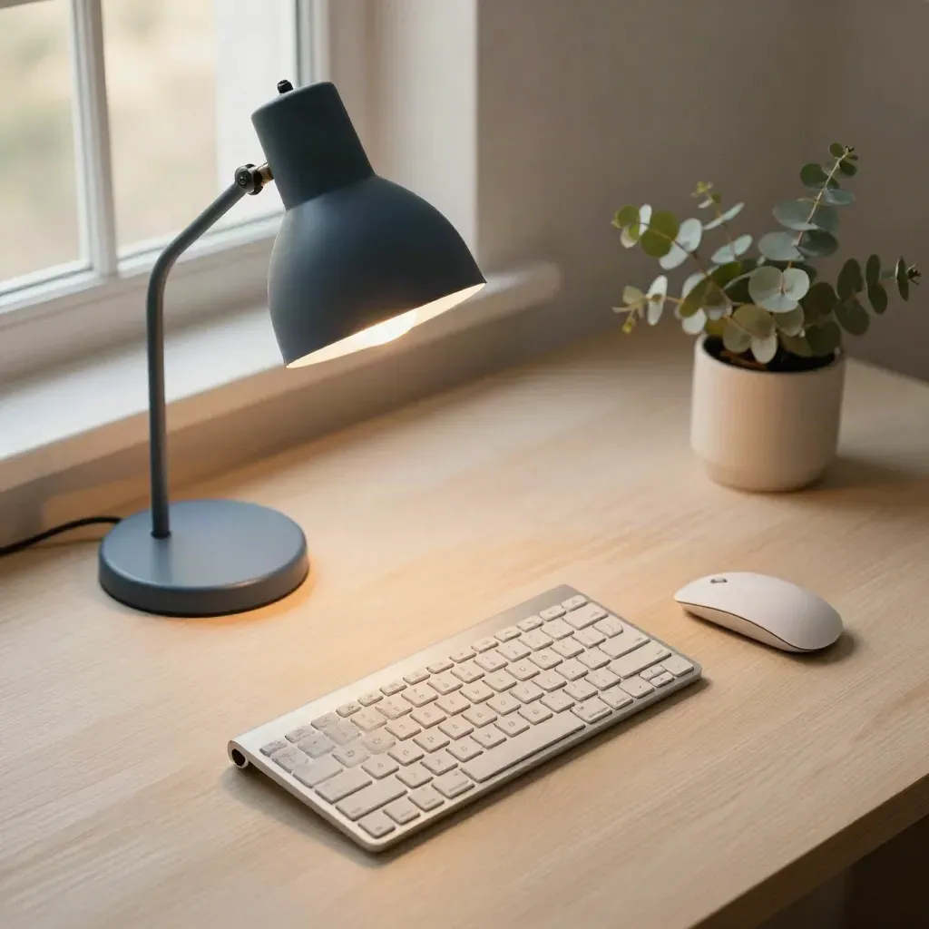 Top-down home-office still life with lit lamp, keyboard, mouse, and small plant on pale wood.