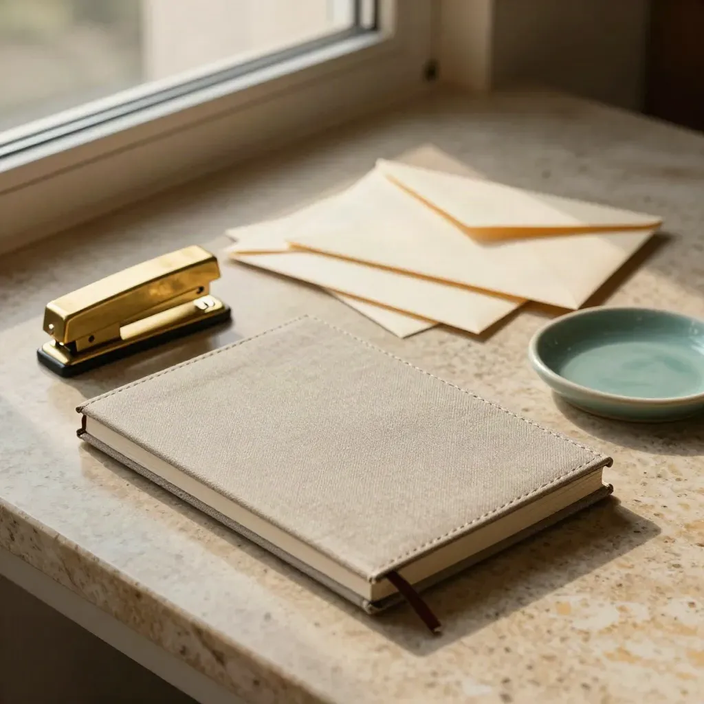 Closed ledger notebook, brass stapler, sealed envelopes and teal ceramic tray on plaster.