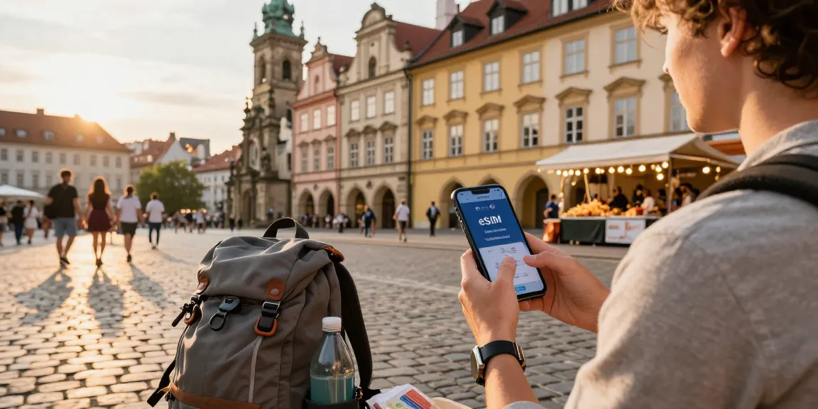 Traveler checking eSIM-Gutscheine deals in a European city during golden hour, with a scenic backdrop and travel essentials.